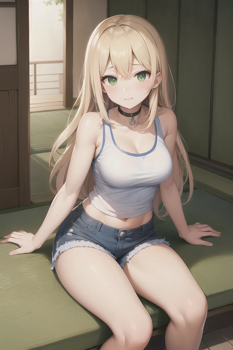 masterpiece, Highest quality, Perfect lighting, Blonde, choker, Green Eyes, Long Hair, White tank top, Denim shorts, Japanese ,blush, have, BREAK Watch Viewers,