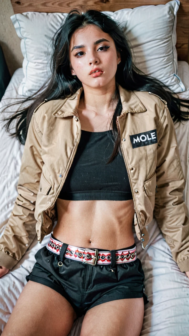 a woman laying on a bed wearing a and jacket, long hair, black hair, long sleeves, navel, parted lips, shorts, midriff, belt, mole, lips, crop top, short shorts, mole under eye, black shorts