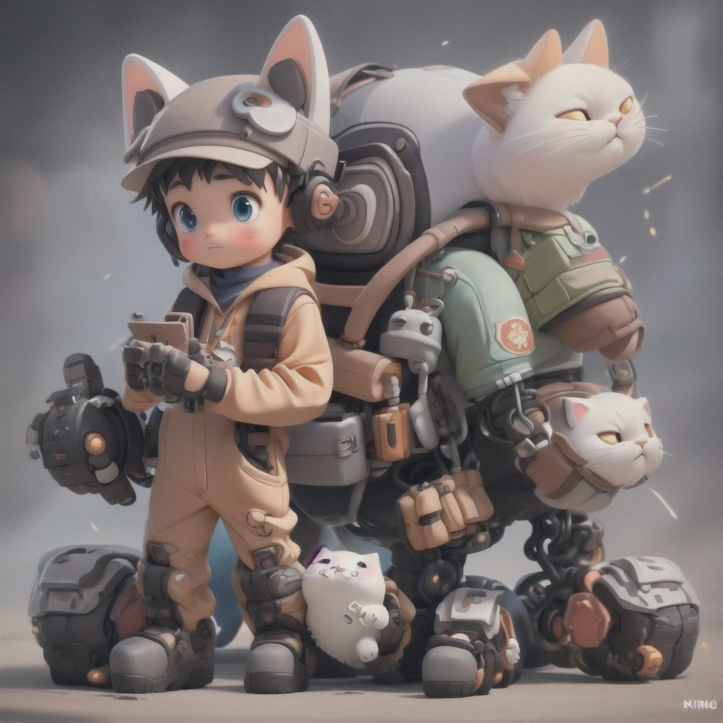 Reel Mech, a boy cyborg wearing a cat headgear, (((knolling)))