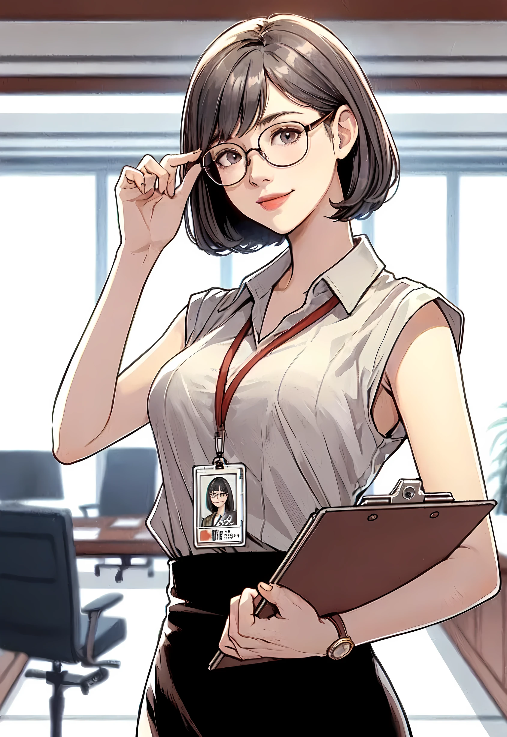 1lady standing, (touching edge of glasses with fingertips), secretary, (office casual) sleeveless, stylish outfit, (pencil skirt), (id card) lanyard, /(dark gray hair/) bangs, kind smile, (round glasses:1.1) thick-rim, (masterpiece best quality:1.2) delicate illustration ultra-detailed, large breasts, (holding clipboard) BREAK (executive office) indoors, office, detailed background