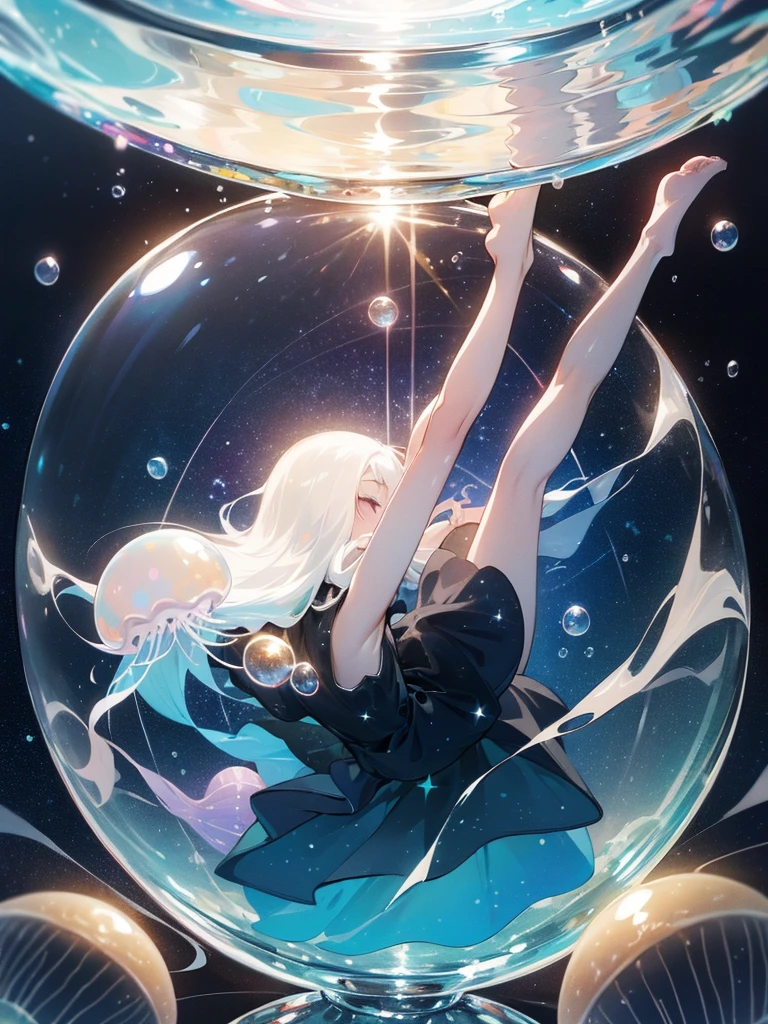 ((inside a big glass ball))(underwater) (floating bubbles) Under the sea ((fantastic starry sky )) (jellyfish) （Healing）((little))  (transparent black dress）