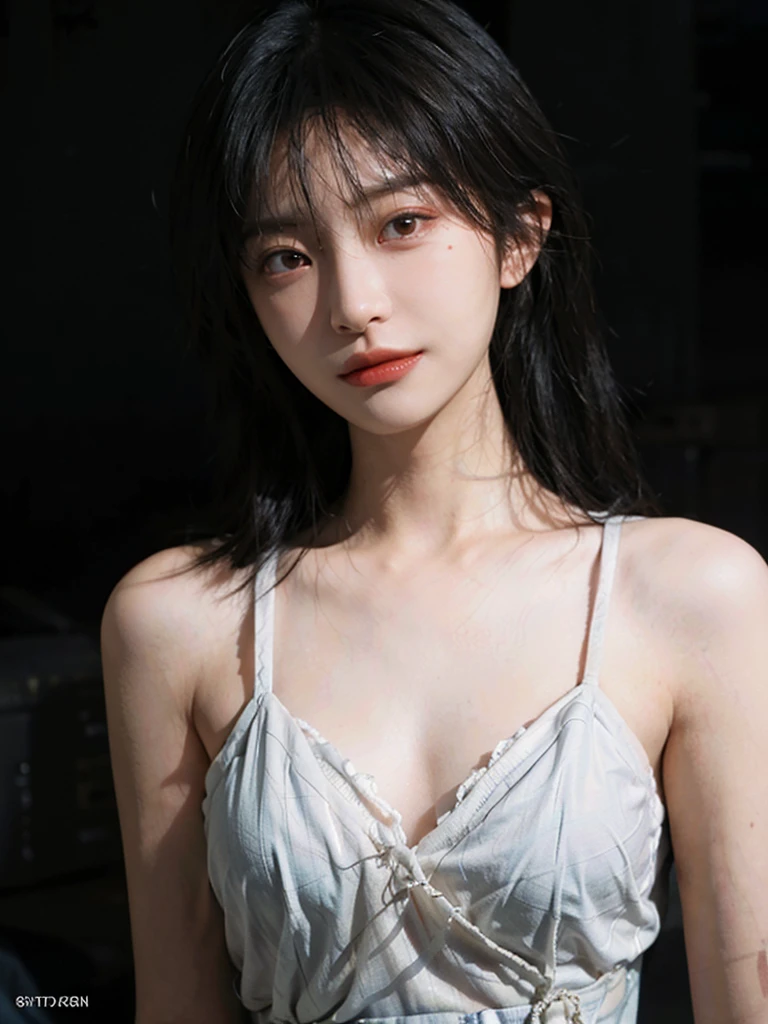 (Skin details:1.4), (smooth skin textures:1.3), （Upper body：1.4），（Upper Body：1.3）Lipstick, background, earrings, serene, calm, Suspender dress，(Realistic and detailed eyes：1.2）, Natural skin texture, Realistic facial details, Soft dramatic lighting, Vivid details, 35 mm film, outdoor, (Photo Practical:1.4), (hyper Practical:1.4), (Practical:1.3), (Smoother lighting:1.05), (Improve lighting quality:0.9), (Highest quality real skin textures:1.4), Exquisite eyes, Delicate face, Close-up of face, (Enhance the beauty of skin texture:1.1), Hair details,normal body ratio, short hair, Moles under the eyes, A faint smile,Portrait Photography, Depth of Field, Bokeh, Surrealism, Ray Tracing, (Portrait Photography:1.1), Surrealism, High Detail, Chiaroscuro, Ray Tracing, reflected light, Ultra HD, Ultra HD, masterpiece, Textured Skin, Super Detail, High Detail, high quality, best quality