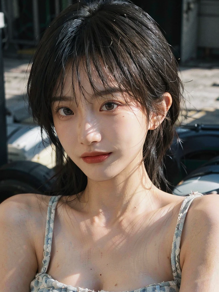 (Skin details:1.4), (smooth skin textures:1.3), (Upper body:1.4),(Upper Body:1.3)Lipstick, background, earrings, serene, calm, Suspender dress,(Realistic and detailed eyes:1.2), Natural skin texture, Realistic facial details, Soft dramatic lighting, Vivid details, 35 mm film, outdoor, (Photo Practical:1.4), (hyper Practical:1.4), (Practical:1.3), (Smoother lighting:1.05), (Improve lighting quality:0.9), (Highest quality real skin textures:1.4), Exquisite eyes, Delicate face, Close-up of face, (Enhance the beauty of skin texture:1.1), Hair details,normal body ratio, short hair, Moles under the eyes, A faint smile,Portrait Photography, Depth of Field, Bokeh, Surrealism, Ray Tracing, (Portrait Photography:1.1), Surrealism, High Detail, Chiaroscuro, Ray Tracing, reflected light, Ultra HD, Ultra HD, masterpiece, Textured Skin, Super Detail, High Detail, high quality, best quality