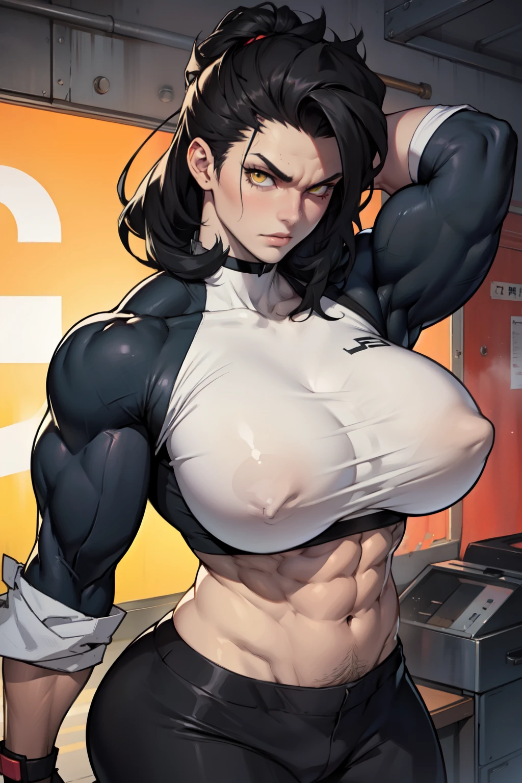 massive hair massive breasts massive muscles massively thick pale skin black hair yellow eyes