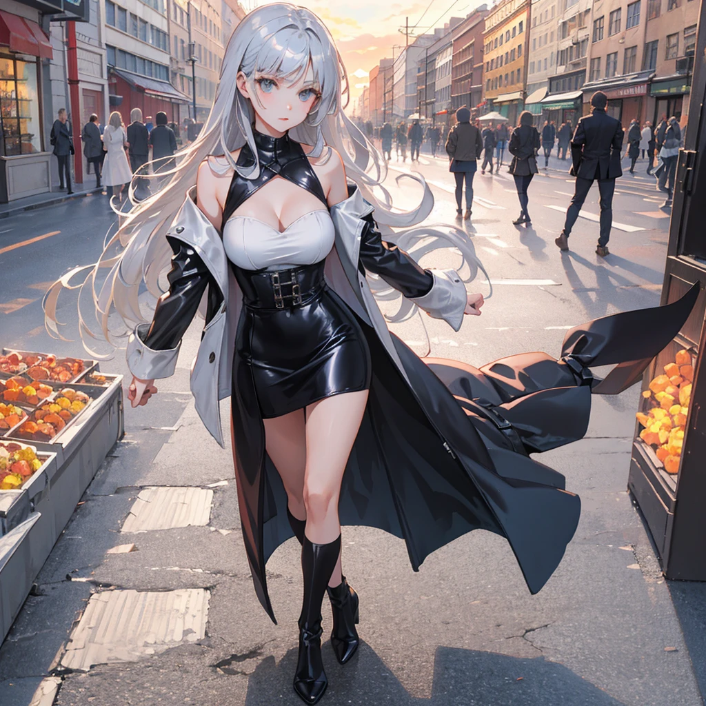 ((masterpiece, best quality)), (1girl), (solo), (female focus), (silver gray hair, long hair, straight hair, hime hair, straight bangs, blunt bangs), girl has deep dusty_rose coloured eyes, ((leather silver top), (silver leather skirt), (ash-coulored trench coat)),ideal quality, ideal Breasts,
Cloudy sunset street background
Street has historical 18th century Europe architecture
(((High detailed )))