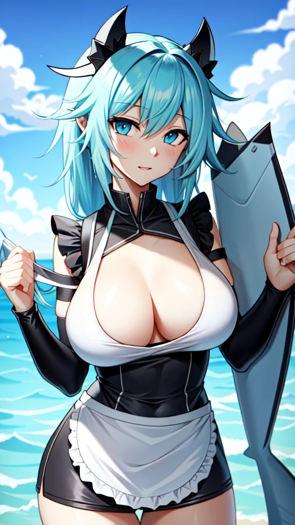 shark girl, Very sexy, big breasts, white apron