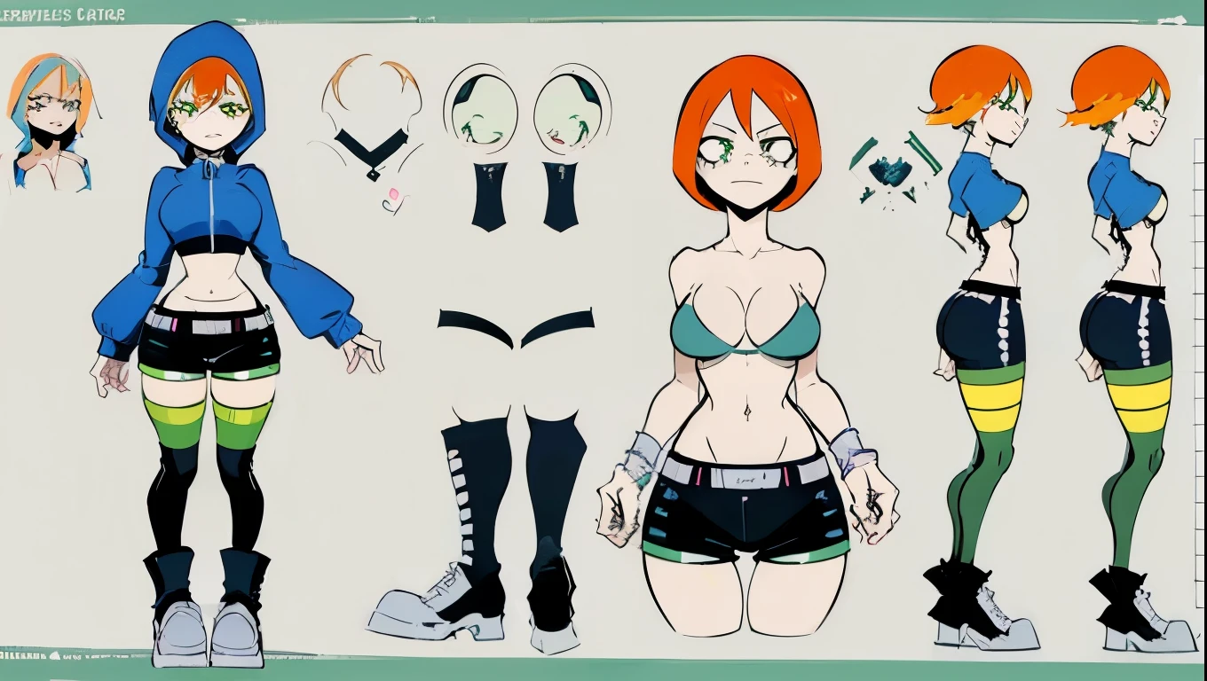 (((My Hero academia Style))), (((Goth Girl))), ((Foster's Hole For Imaginary Friends)), (blue short sweatshirt), (black mini shorts), (green and black striped thigh-high socks), (redhead with yellow at the tips), (hood up), (eye shadow), (green eyes), (classic black sneakers), (exposed abdomen), (abs), (black fingerless gloves), (wide hips), (wide thighs), (medium breasts), (Full body photo:1.5), (face photo:0.5), (photo:0.5), ((High resolution)), ((concept art of character)), ((Character Design Sheet)), (Same role), (frontage), (Lateral face), (on back), ((three sided view)), ((multiple views)), (((perfect anatomy))), (((perfect hands))), (((super detailed))),