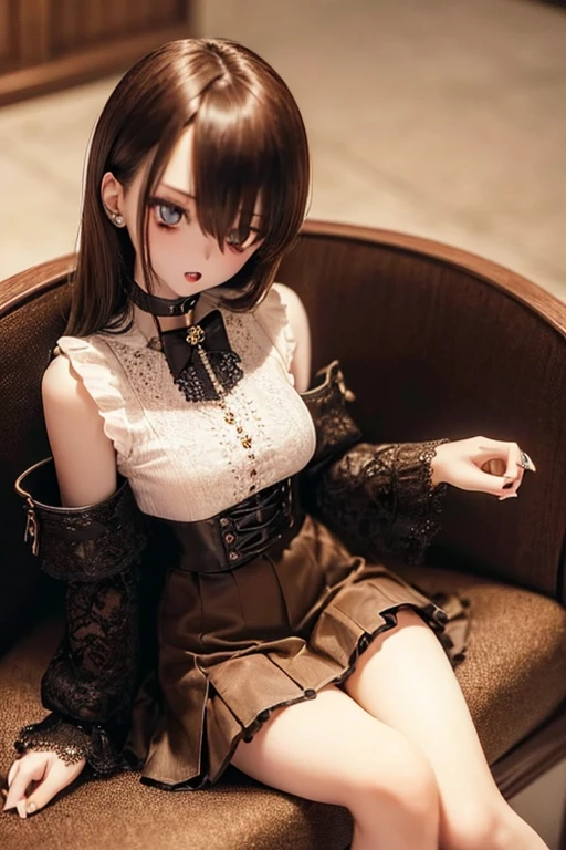 photorealistic, realistic photo, ((highest quality)), ((masterpiece)), ((extremely detailed)), kukolnydom, doll, (mature woman, 22yo, 22 years old:1.6), solo, ((cowboy shot, sitting on sofa, reclining on sofa, arms by sides, skinny, slender, slim)), green eyes, open mouth, (brown hair, looking above, blank eyes, empty eyes, detailed eyes, detailed face:1.3), blouse, pleated skirt, choker, room, 8k