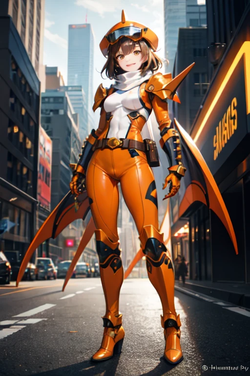 ((best quality)), ((masterpiece)), (detailed), 1 girl, full body, 20s, young adult, aviator hat, spiked mask, evil smile, long white scarf, gremlin, yellow eyes, brown hair sticking out of her hat, brown neck, somewhat short, very thin, hunched over, long metal claws, spikes on her forearms, brown details, large brown gloves, orange wristbands, orange nanotech suit, light armor, orange chest piece with an emblem, high shoulder pads, orange suit with brown stripes, brown tiger stripes, triangle emblem on her chest, very small breasts, orange emblem, orange pants, orange knee pads, metallic orange boots, metallic orange shoes, brown superhero belt, standing on a building, city background, anime