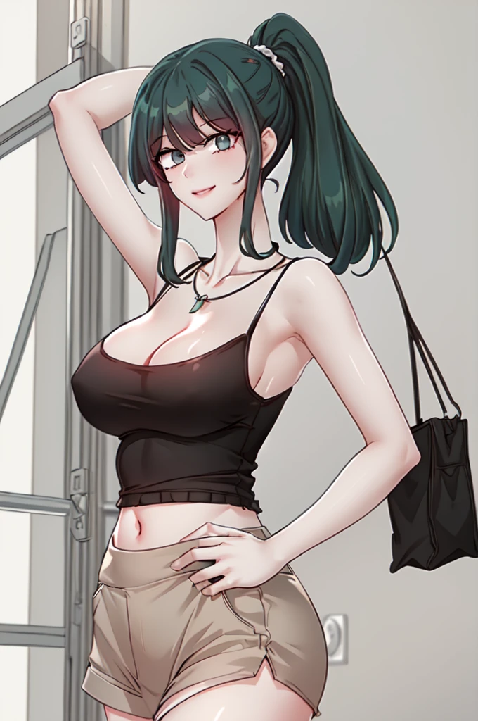 yelenadef, green hair, green eyes, medium hair,
1girl, black tanktop, midriff, smug grin, necklace, large breasts, looking at viewer, ponytail, white background, (masterpiece),(best quality), armpits, sweat, netorare, heavy breathing