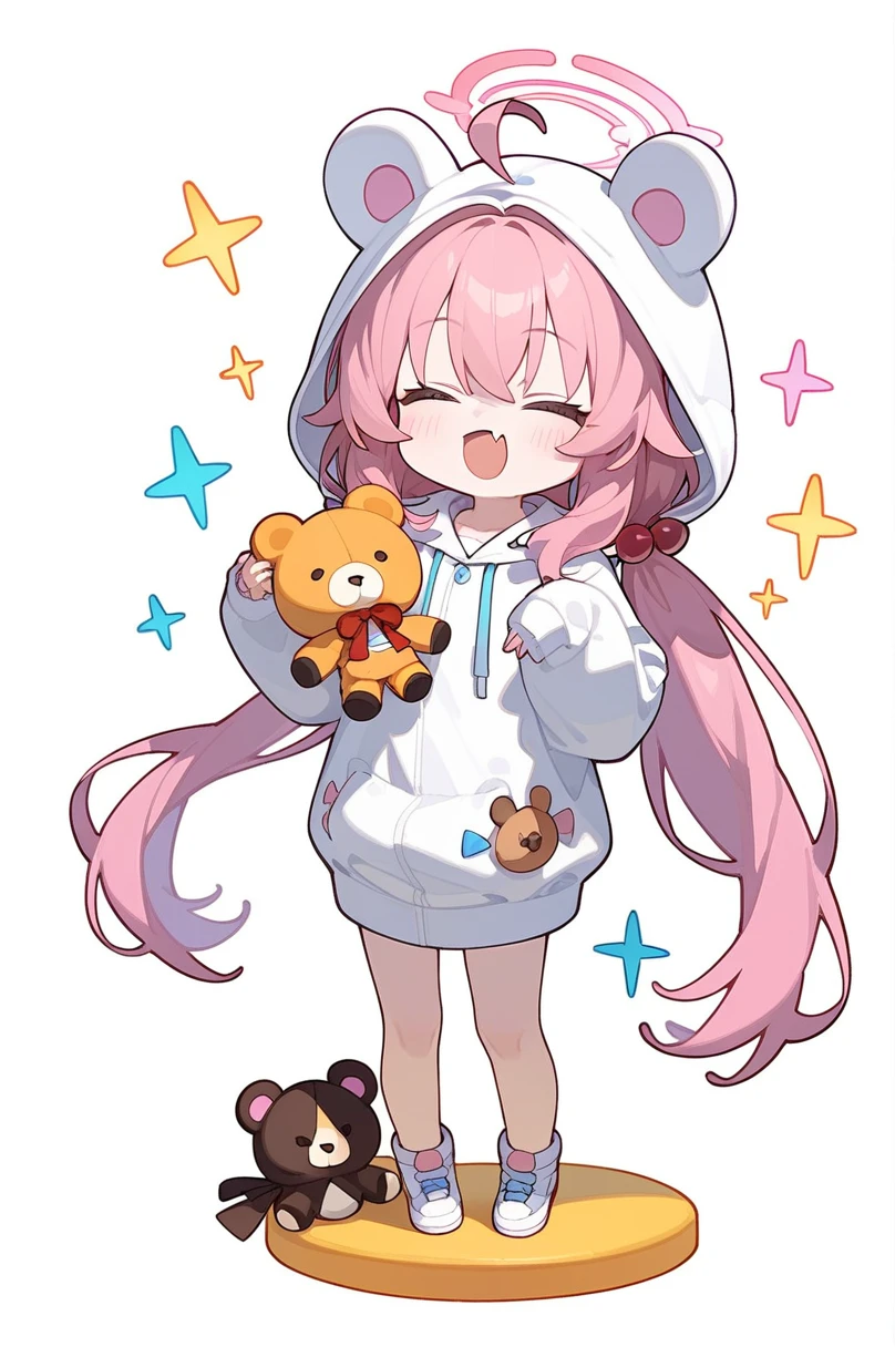 score_9,score_8_up,score_7_up,1girl,hoshino (blue archive),fang,pink hair,solo,twintails,hood,ahoge,long hair,chibi,halo,low twintails,closed eyes,hair ornament,bangs,blush,standing,full body,very long hair,open mouth,facing viewer,hair bobbles,hoodie,stuffed toy,long sleeves,hood up,stuffed animal,:d,skin fang,hair between eyes,white hoodie,holding,simple background,=_=,sparkle,sleeves past fingers,animal hood,