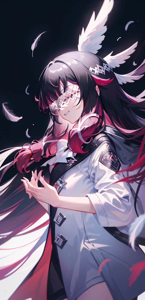 1girl, long hair, black hair, red hair, solo, closed eyes, eye_mask, head wings, hair ornament, blunt bangs, light blue spotlight shining down, feathers, dark, angel wings, falling feathers, evil, mysterious, over the shoulder pose, black background, wind, smiling, jacket, zoomed out