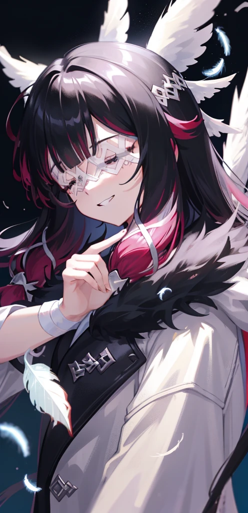 1girl, long hair, black hair, red hair, solo, closed eyes, eye_mask, head wings, hair ornament, blunt bangs, light blue spotlight shining down, feathers, dark, angel wings, falling feathers, evil, mysterious, over the shoulder pose, black background, wind, smiling, jacket, zoomed out