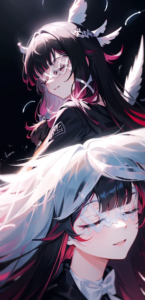 1girl, long hair, black hair, red hair, solo, closed eyes, eye_mask, head wings, hair ornament, blunt bangs, light blue spotlight shining down, feathers, dark, angel wings, falling feathers, evil, mysterious, over the shoulder pose, black background, wind, smiling, jacket, zoomed out