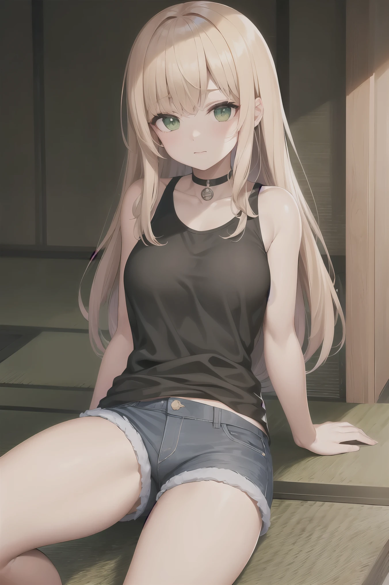 masterpiece, Highest quality, Blonde, choker, Green Eyes, Long Hair, White tank top, Denim shorts, Japanese ,blush, have, BREAK Watch Viewers,