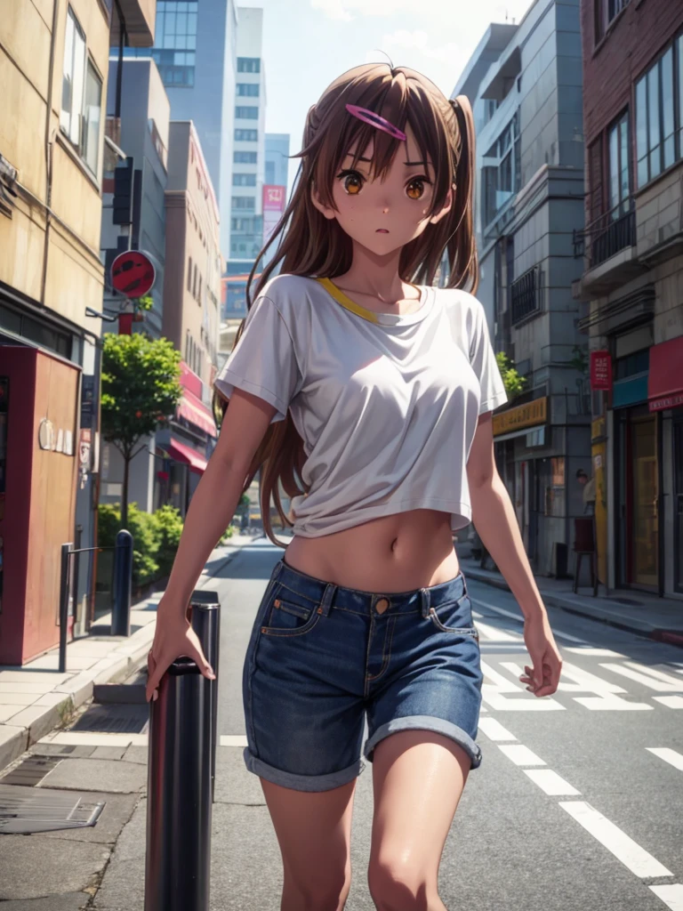 Girl, ************, slim t-shirt, short, navel shown, street background
