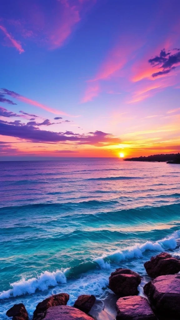 a purple and blue sunset over the ocean with waves, beautiful vibrant colors, beautiful colors, stunning colors, gorgeous colors, magical colours and atmosphere, breathtaking colors, amazing colors, magical colors and atmosphere, beautiful colours, vividly beautiful colors, amazing colours, moody beautiful colors, dreamy colors, beautiful colorful, very vibrant colors, colorful glow, vibrant moody colors, สาวสวย, เล่นน้ำในทะเล, ใส่บิกินี่สีทอง,