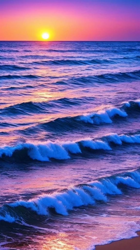 a purple and blue sunset over the ocean with waves, beautiful vibrant colors, beautiful colors, stunning colors, gorgeous colors, magical colours and atmosphere, breathtaking colors, amazing colors, magical colors and atmosphere, beautiful colours, vividly beautiful colors, amazing colours, moody beautiful colors, dreamy colors, beautiful colorful, very vibrant colors, colorful glow, vibrant moody colors, สาวสวย, เล่นน้ำในทะเล, ใส่บิกินี่สีทอง,