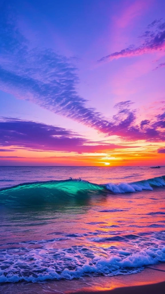 a purple and blue sunset over the ocean with waves, beautiful vibrant colors, beautiful colors, stunning colors, gorgeous colors, magical colours and atmosphere, breathtaking colors, amazing colors, magical colors and atmosphere, beautiful colours, vividly beautiful colors, amazing colours, moody beautiful colors, dreamy colors, beautiful colorful, very vibrant colors, colorful glow, vibrant moody colors, สาวสวย, เล่นน้ำในทะเล, ใส่บิกินี่สีทอง,