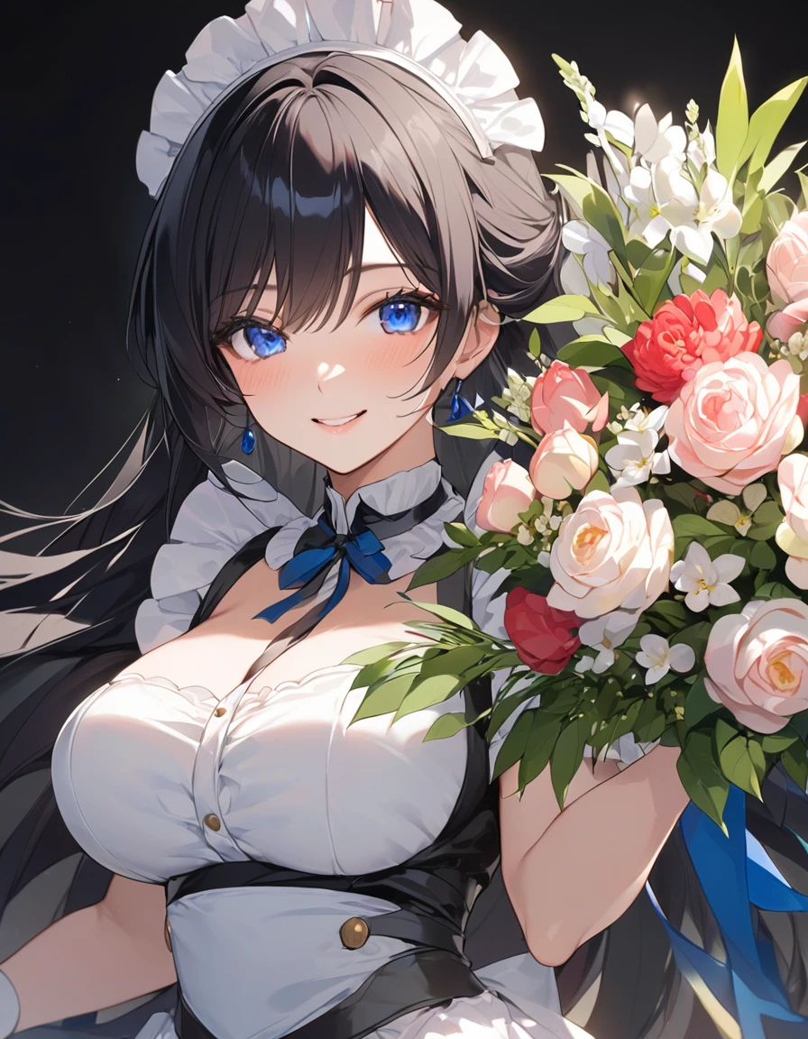 (Highest qualityのイラスト、Simple white background:1.2), (1 girl、), (Kind eyes、blue eyes)、Black Hair、Semi-long hair、(Highest quality、Very detailed、Mature、Ultra-high resolution) 、Black Hairの美少女、smile、Maid outfit、sexy、Larger breasts、holding a big bouquet、Close-up、Upper Body