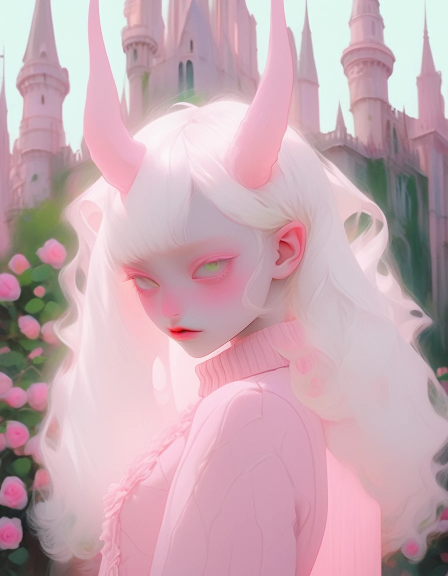 albino demon girl standing with ( green curls hair:1.3) , walking through pink rose bushes and castle in the distance, pink turtleneck sweater with (tulle skirt:1.2), braces, chewing gum , winking ,(long intricate horns:1.2) sneakers with socks,