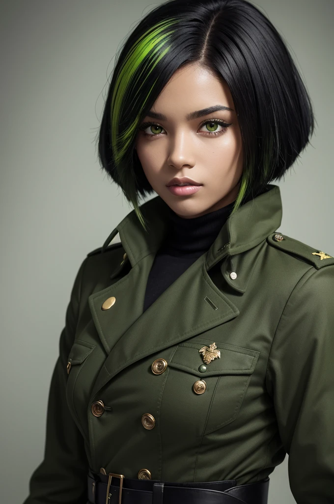  black woman with black hair with a green streak, greeneyes, military uniform written "Preparatory Trench"