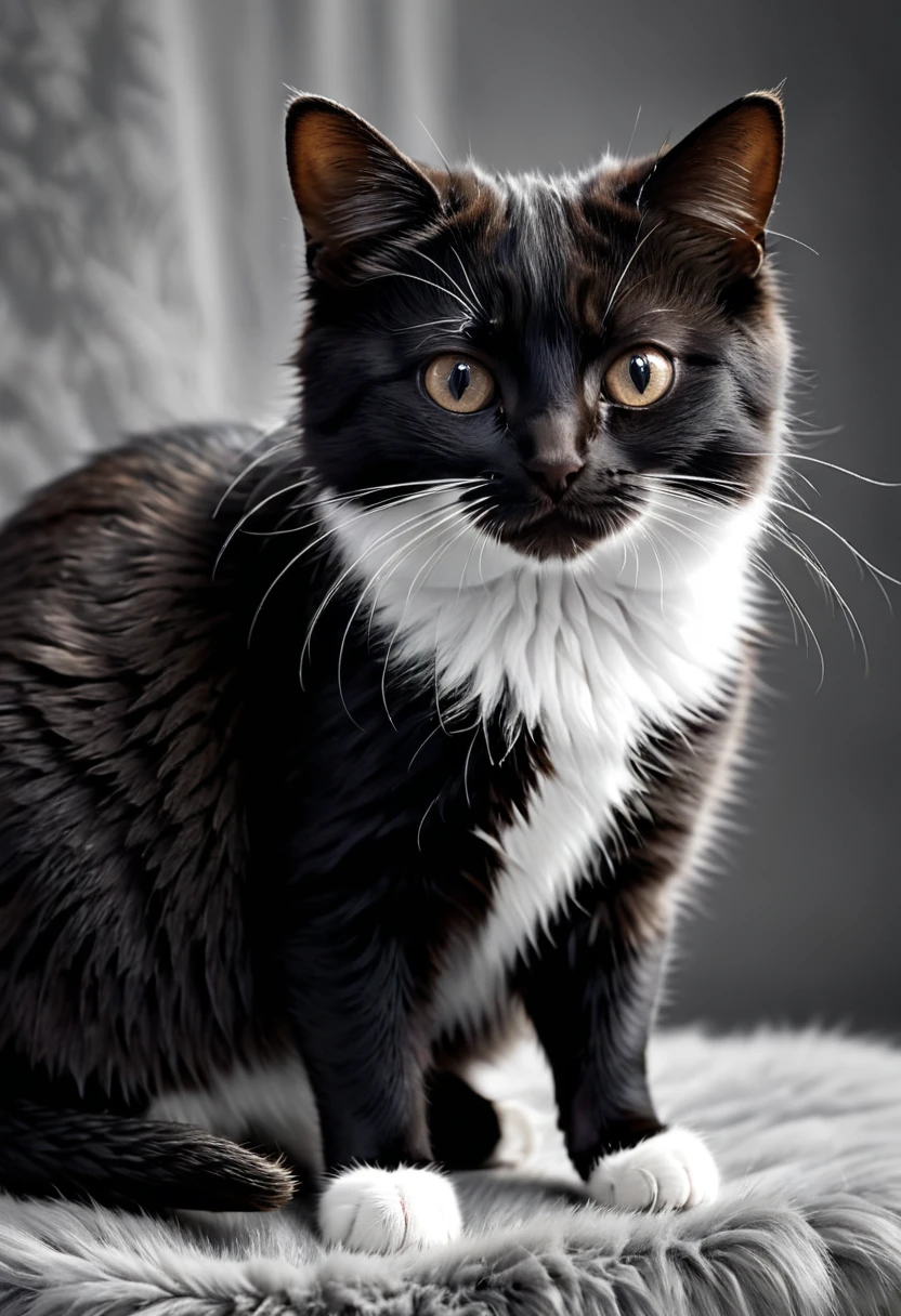 (((Masterpiece))) hyper realism, magnificent, black and white photography, beautiful, endearing. Create an ultra-detailed, high-resolution black and white image, capturing a close-up interaction between a small gray-brown shrew and a black and white cat. The shrew, with its shiny, tousled fur, stands on the cat's soft, prominent paw, near the cat's nose. The cat's facial features should be delicately detailed, showing fine whiskers protruding from its cheeks and a serene expression in its eyes. . The light should subtly highlight the contours of the cat's face, the texture of its fluffy fur and the shiny coat of the shrew. The background should be blurred to emphasize the sharpness of the subjects, with an almost ethereal softness surrounding the scene to create a sense of tranquility and intimacy. Extraordinary, exquisite detail, softness, intimacy, love, whimsical, ultra detailed. Award-winning black and white photography. Close. 