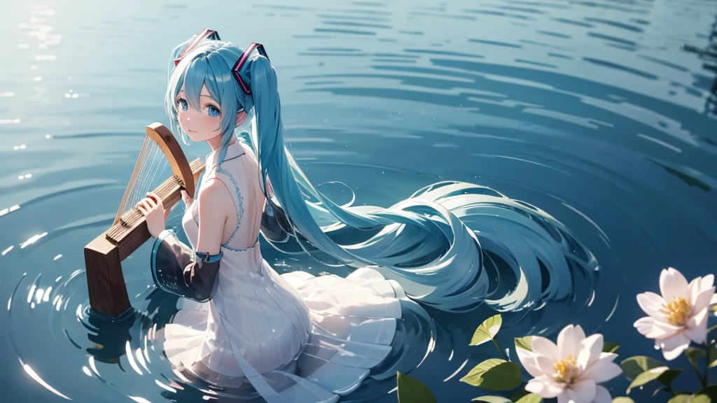 Hatsune Miku wearing a long transparent dress、Playing the harp by a quiet lake。In the background is a calm water surface.、Flowers illuminated by the morning sun々is spreading、Her light blue hair is soft and shiny.。
