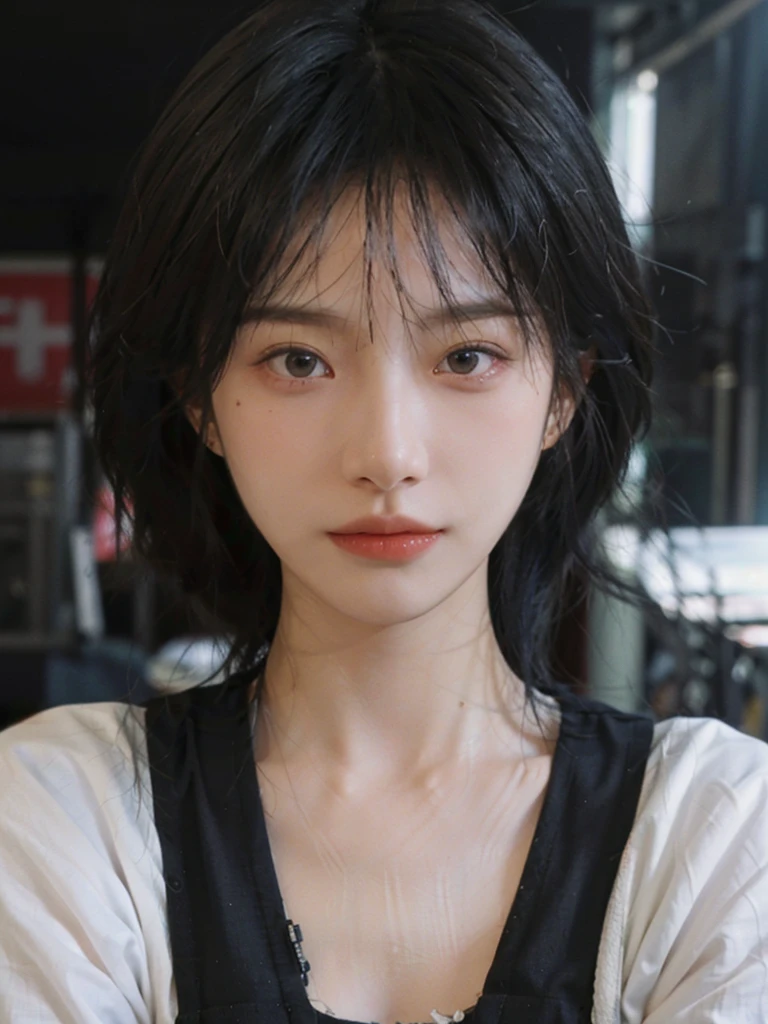 1 girl,short hair,A faint smile,serene, calm,Suspenders,Moles under the eyes,Exquisite eyes, Delicate face,Lipstick,earrings,Hair details, (Large Breasts:0.9),outdoor,background,城市background,(Skin details:1.4),(Realistic and detailed eyes:1.2), Natural skin texture, Realistic facial details,Close-up of face,Portrait Photography,(Portrait Photography:1.1), (smooth skin textures:1.3), (Highest quality real skin textures:1.4), Direct vision,Soft dramatic lighting, Vivid details, 35 mm film, (Photo Practical:1.4), (hyper Practical:1.4), (Practical:1.3), (Smoother lighting:1.05), (Improve lighting quality:0.9), (Enhance the beauty of skin texture:1.1), Depth of Field, Bokeh, Surrealism, Ray Tracing, ( Surrealism, High Detail, Chiaroscuro, Ray Tracing, reflected light, Ultra HD, Ultra HD, masterpiece, Textured Skin, Super Detail, High Detail, high quality, best quality