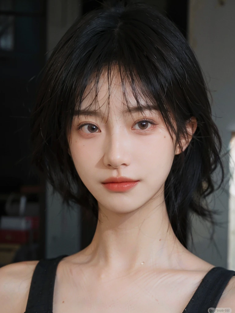 1 girl,short hair,A faint smile,serene, calm,Suspenders,Moles under the eyes,Exquisite eyes, Delicate face,Lipstick,earrings,Hair details, (Large Breasts:0.9),outdoor,background,城市background,(Skin details:1.4),(Realistic and detailed eyes:1.2), Natural skin texture, Realistic facial details,Close-up of face,Portrait Photography,(Portrait Photography:1.1), (smooth skin textures:1.3), (Highest quality real skin textures:1.4), Direct vision,Soft dramatic lighting, Vivid details, 35 mm film, (Photo Practical:1.4), (hyper Practical:1.4), (Practical:1.3), (Smoother lighting:1.05), (Improve lighting quality:0.9), (Enhance the beauty of skin texture:1.1), Depth of Field, Bokeh, Surrealism, Ray Tracing, ( Surrealism, High Detail, Chiaroscuro, Ray Tracing, reflected light, Ultra HD, Ultra HD, masterpiece, Textured Skin, Super Detail, High Detail, high quality, best quality