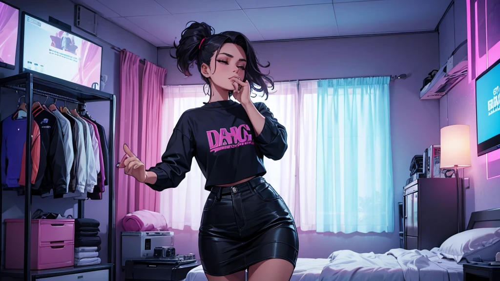 a beautiful woman in modern clothes dances in her room to the sound of electronic dance music