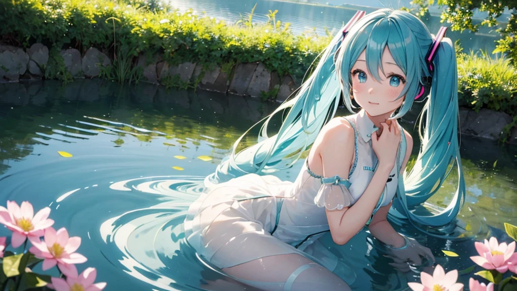 Hatsune Miku wearing a long transparent dress、Playing the harp by a quiet lake。In the background is a calm water surface.、Flowers illuminated by the morning sun々is spreading、Her light blue hair is soft and shiny.。