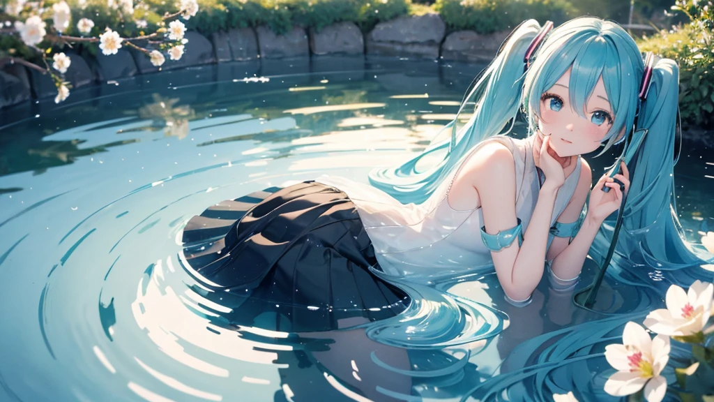 Hatsune Miku wearing a long transparent dress、Playing the harp by a quiet lake。In the background is a calm water surface.、Flowers illuminated by the morning sun々is spreading、Her light blue hair is soft and shiny.。