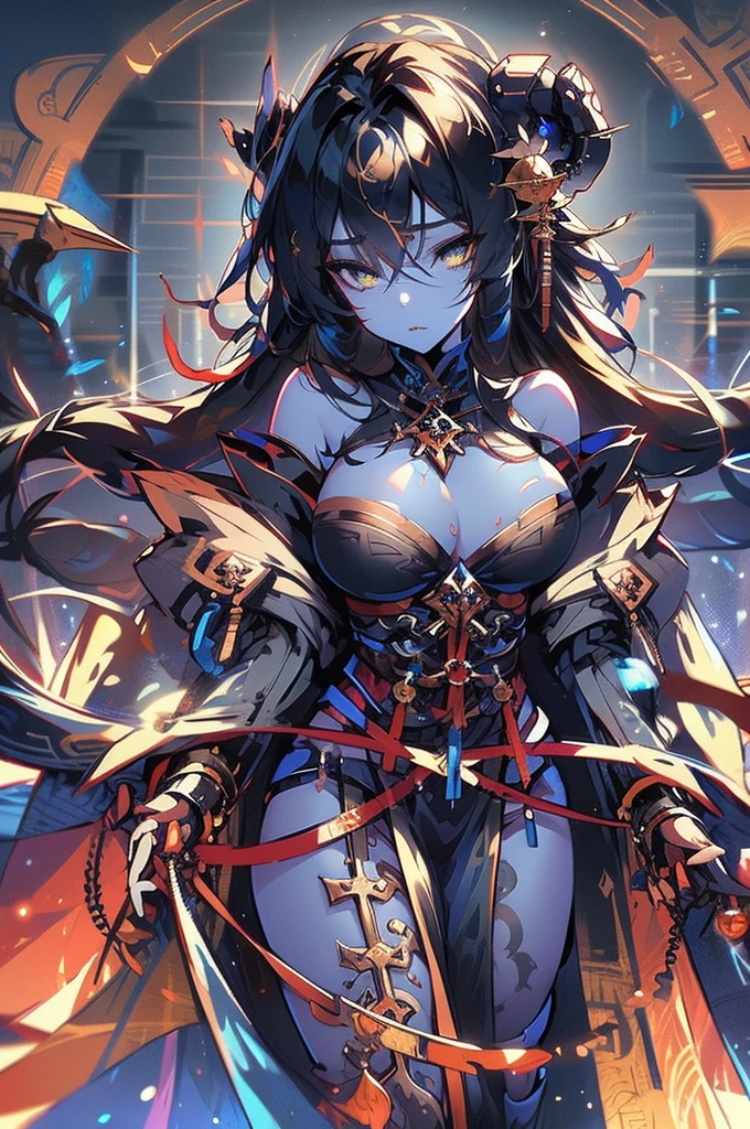 1girl, solo, skindentation, textured skin, background, simple background, dragon humanoid, blue scales, blue horns, pale skin woman, long hair, black hair, blunt bangs, blue sclera, yellow eyes, long lashes, expressionless, dragon wings, dragon tail, dragonborn, huge breasts, scales covering nipples, scales covering crotch, thick thighs, wide hips, huge ass, scales on arms, claws