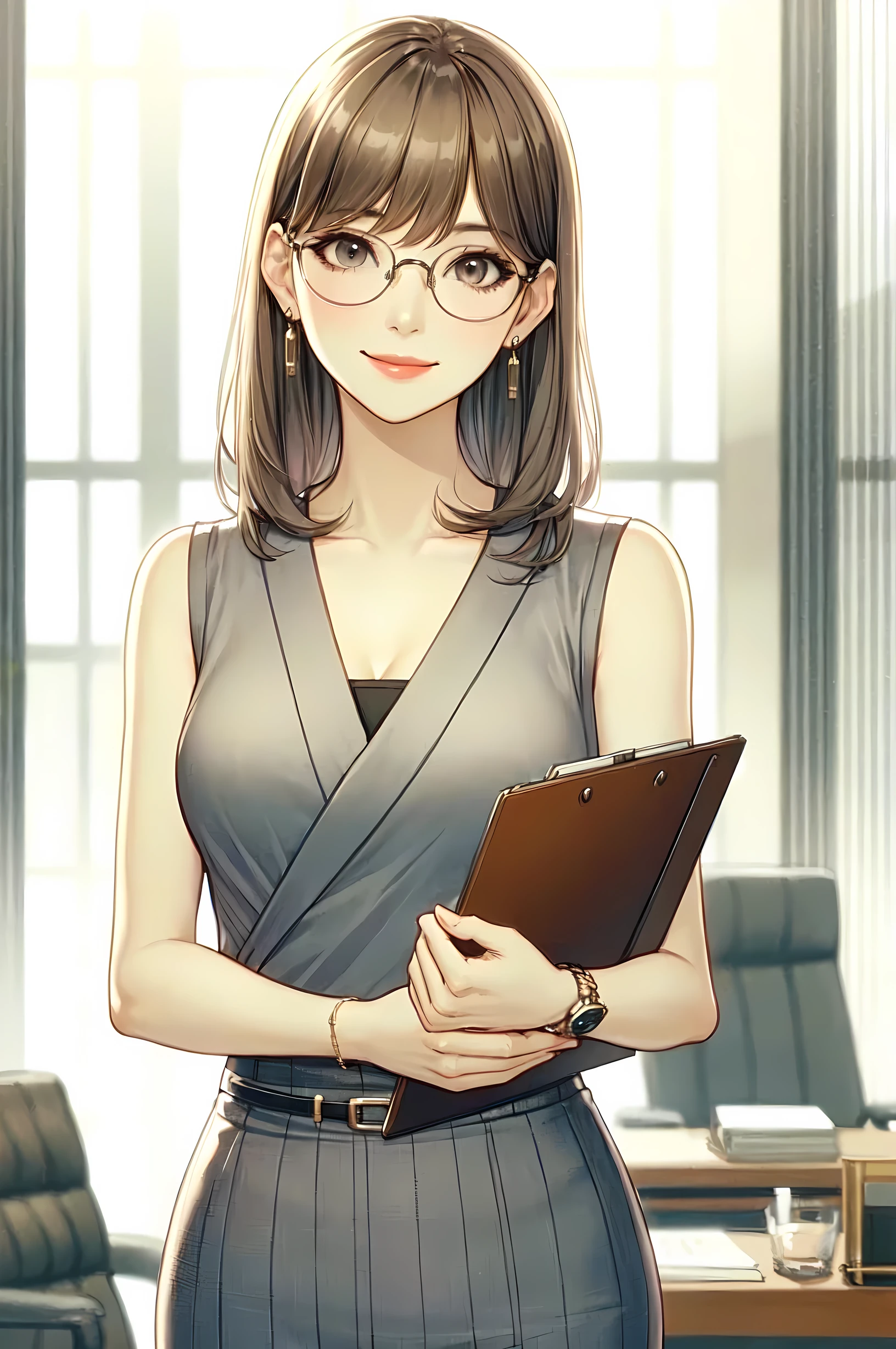 1lady standing, secretary, (office casual) sleeveless, stylish outfit, (pencil skirt), (mature female:0.8), /(gray brown hair/) bangs, kind smile, (under-rim glasses:1.1) eyewear, (masterpiece best quality:1.2) delicate illustration ultra-detailed, large breasts, (holding clipboard) BREAK (executive office) indoors, office, detailed background
