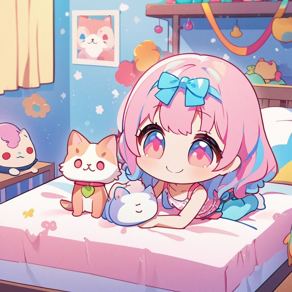masterpiece、Highest quality、Depth of subject、((2D illustration))、1 beautiful girl、((colorful))、(((chibi style)))、((Long, beautiful hair))、Bright pink hair、ribbon、cute、Beautifully detailed eyes、Tank top、((mini skirt))、(((vivid color))、socks、((in the room))、((bed))、stuffed toy、((medium shot))、((Very happy face))、((Holding a kitten))、((There's a lot of pink around))、((Lens flare))、White light is shining、Sunbeam、My whole body was filled with light、Cinematic lighting、Full body lighting