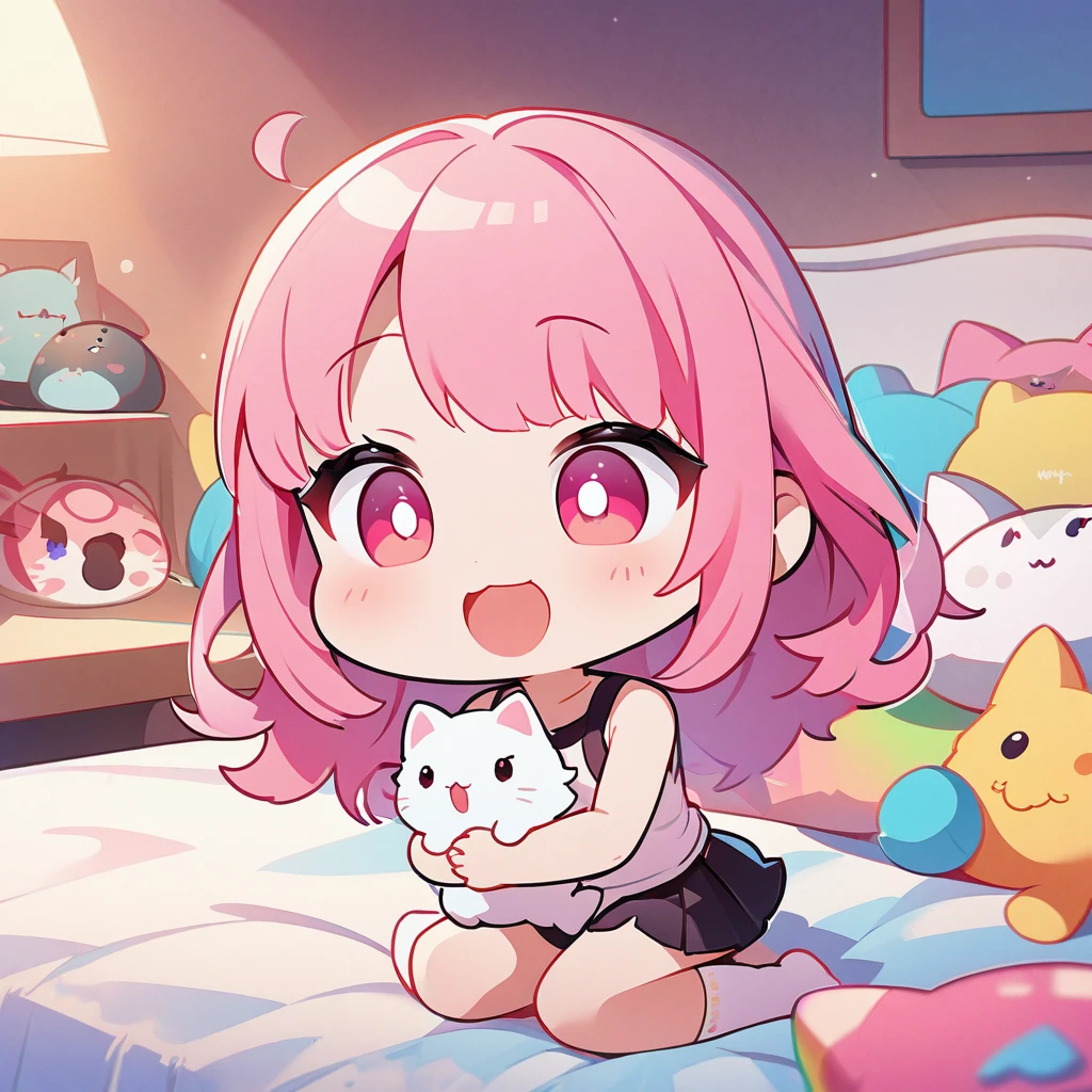 masterpiece、Highest quality、Depth of subject、((2D illustration))、1 beautiful girl、((colorful))、(((chibi style)))、((Long, beautiful hair))、Bright pink hair、ribbon、cute、Beautifully detailed eyes、Tank top、((mini skirt))、(((vivid color))、socks、((in the room))、((bed))、stuffed toy、((medium shot))、((Very happy face))、((Holding a kitten))、((There's a lot of pink around))、((Lens flare))、White light is shining、Sunbeam、My whole body was filled with light、Cinematic lighting、Full body lighting