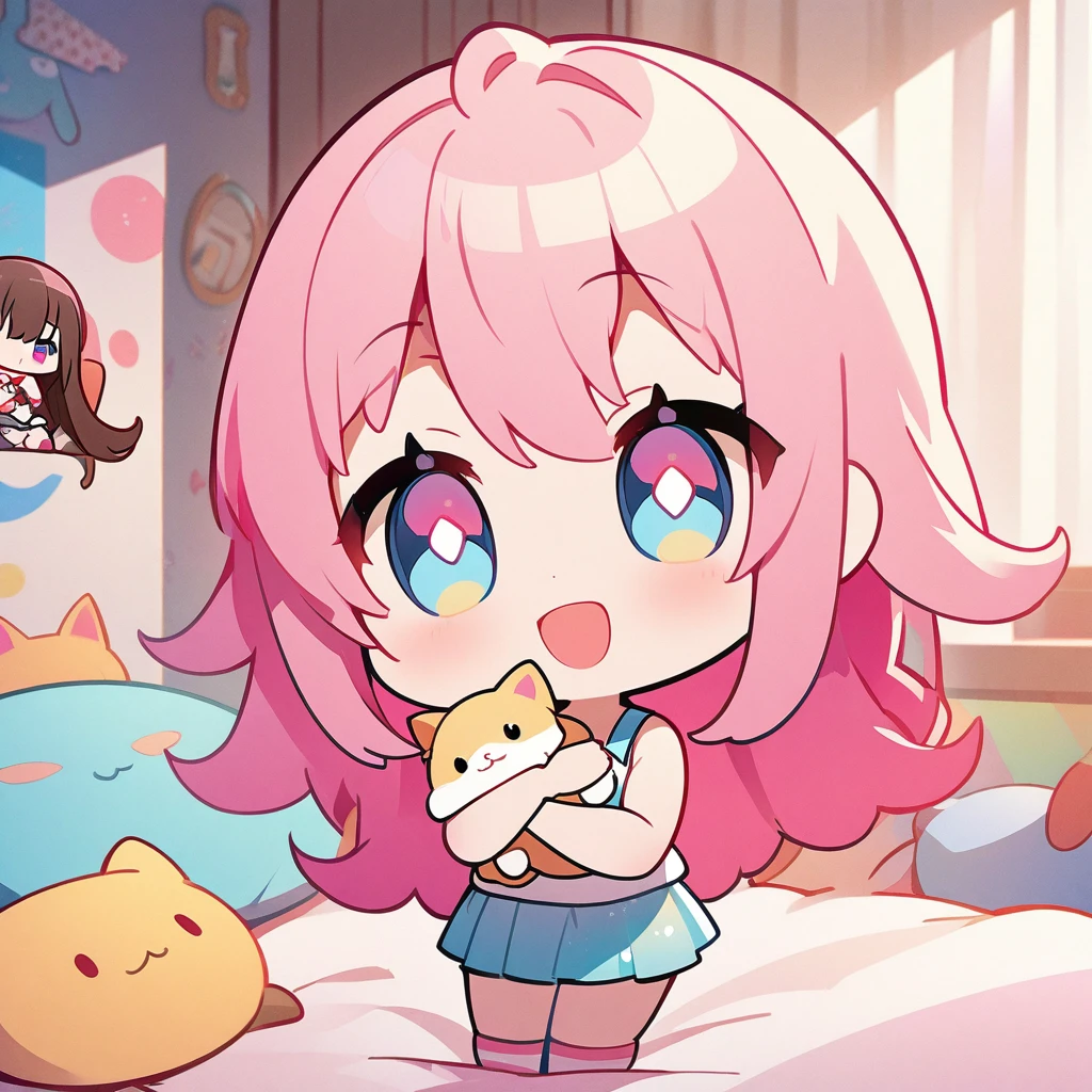 masterpiece、Highest quality、Depth of subject、((2D illustration))、1 beautiful girl、((colorful))、(((chibi style)))、((Long, beautiful hair))、Bright pink hair、ribbon、cute、Beautifully detailed eyes、Tank top、((mini skirt))、(((vivid color))、socks、((in the room))、((bed))、stuffed toy、((medium shot))、((Very happy face))、((Holding a kitten))、((There's a lot of pink around))、((Lens flare))、White light is shining、Sunbeam、My whole body was filled with light、Cinematic lighting、Full body lighting