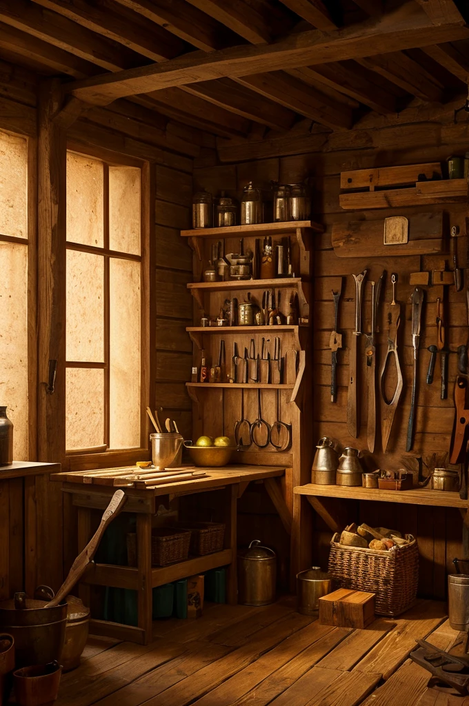 A dimly lit medieval tool shop