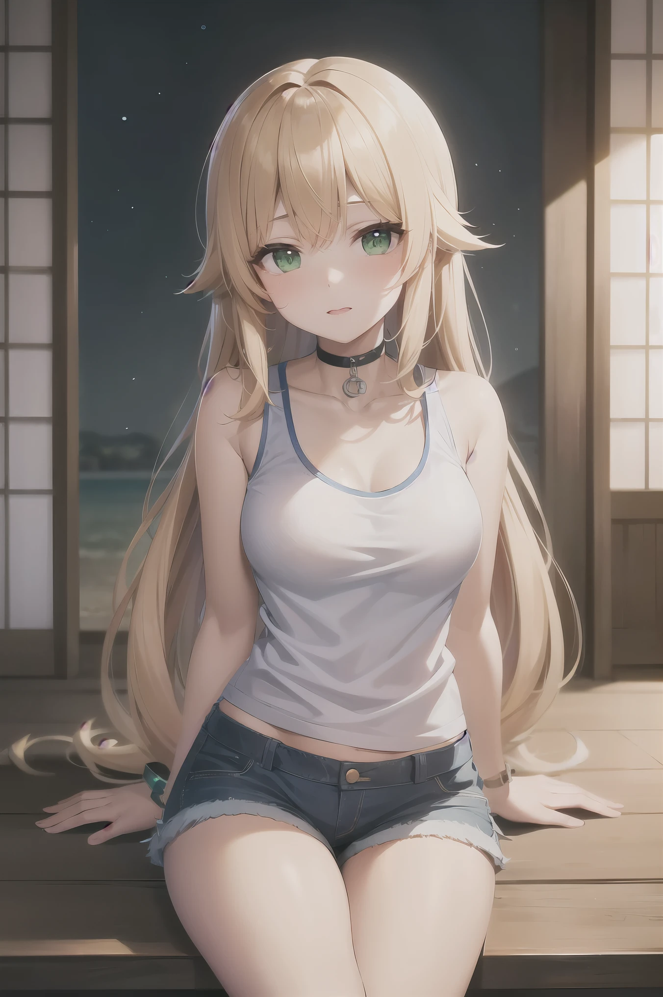 masterpiece, Highest quality, Perfect lighting, Blonde, choker, Green Eyes, Long Hair, White tank top, Denim shorts, Japanese ,blush, have, BREAK Watch Viewers,