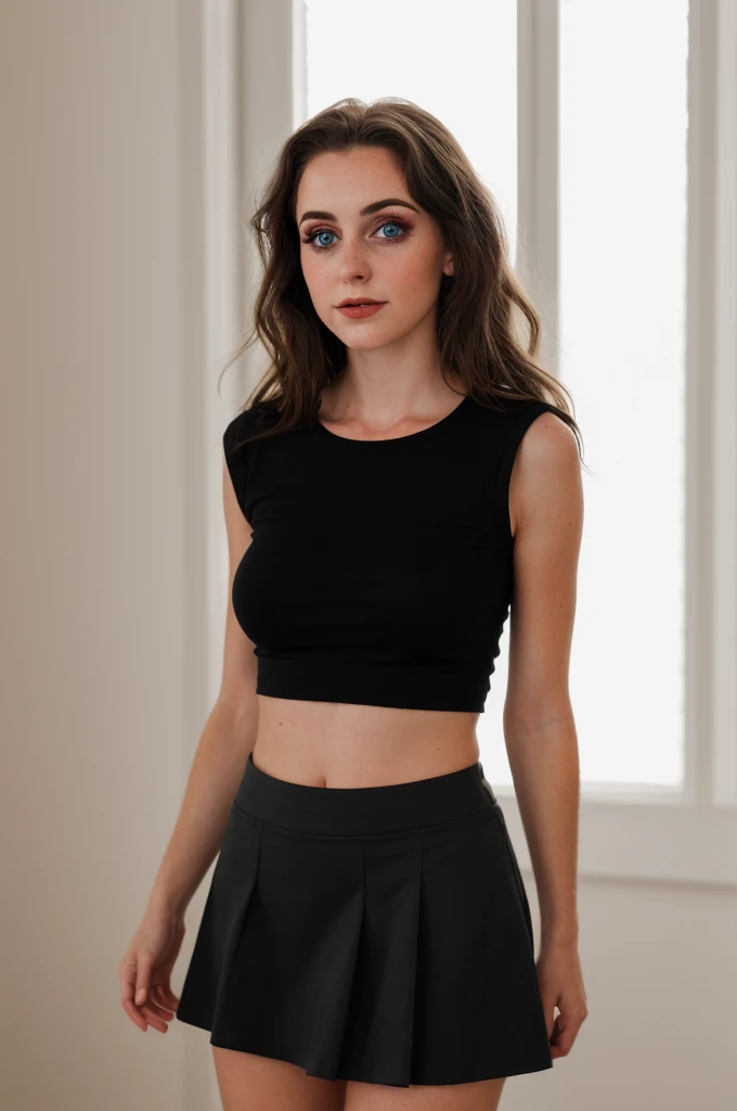 21 yers old Woman from USA, with cute playful face, dark long massy hair, makeup , medium breast, medium ass, skinny), wearing short black skirt and short black top , (looking at viewer), focused, natural light