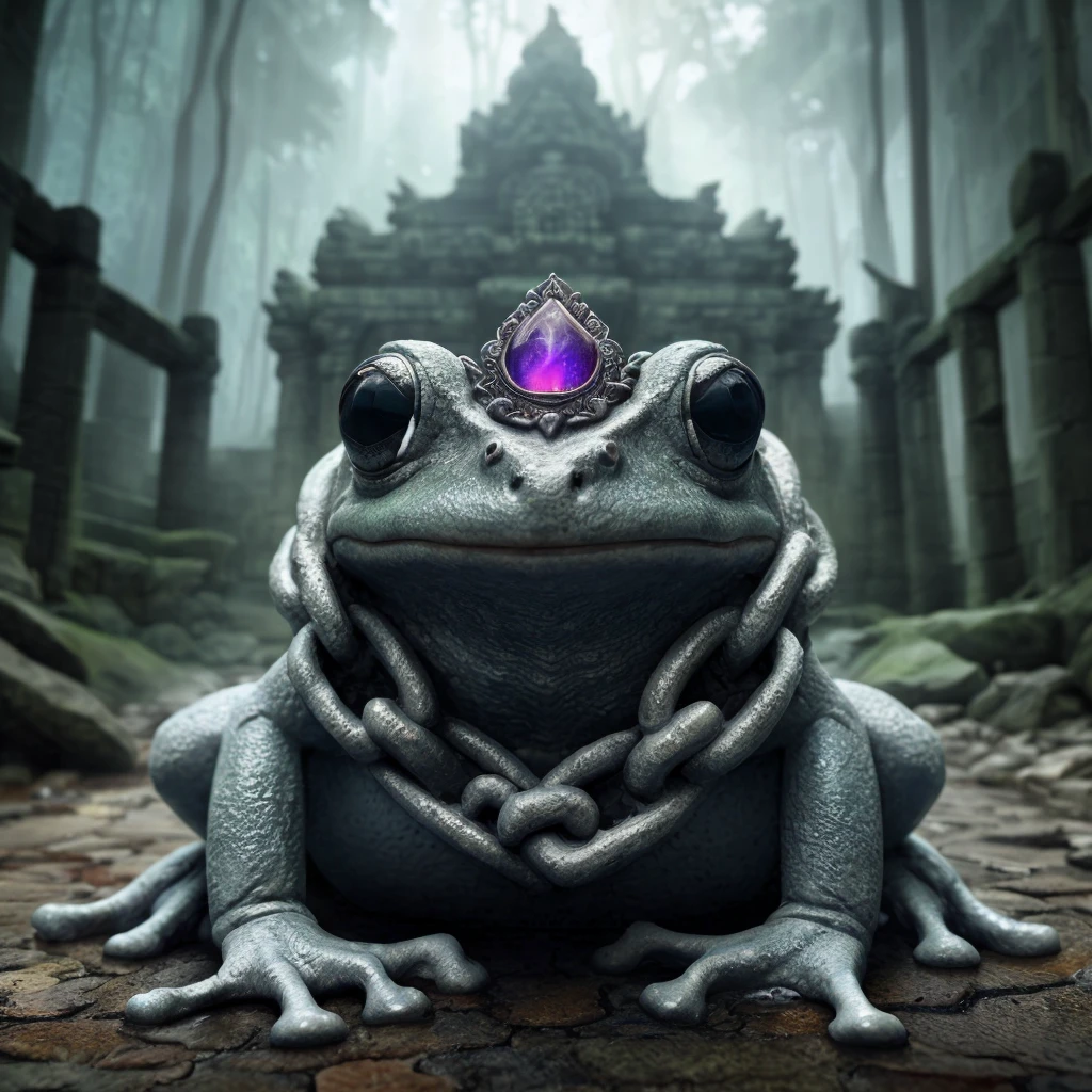A frog sitting in an ancient temple, detailed stone architecture, sunlight streaming through stained glass windows, intricate carvings on the walls, mystical atmosphere, serene pond, dramatic lighting, photorealistic, 8k, highly detailed, cinematic, fantasy, concept art