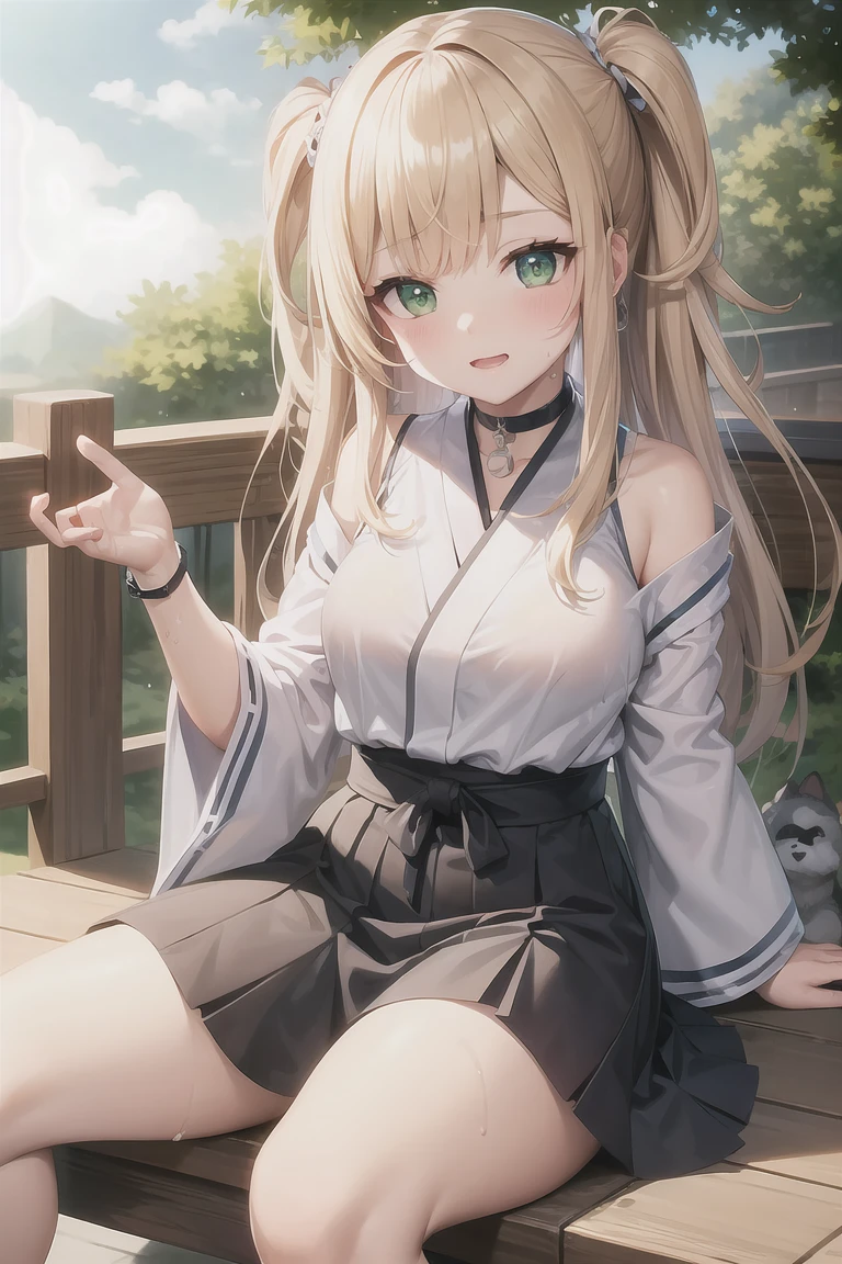 masterpiece, Highest quality, Perfect lighting, Facial lighting, Blonde, choker, Green Eyes, Long Hair, mini skirt, Wet shirt, Japanese ,blush, have, BREAK Watch Viewers, Outdoor rest, Sexy pose, Dog Pose,