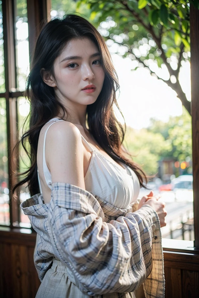 (masutepiece:1.3, Photorealsitic:1.4, 8K), top-quality, masterpiece, 超A high resolution, Professional camera work, Grow Light Effect, Realistic portrait, Cinematic Light, Highly detailed skin and facial texture:1.3, Perfect dynamic composition, The ultra-detailliert, A detailed eye, Detailed limbs, autumnal, Autumn leaves landscape in the evening:1.25, 1girl in, Cute sexy 23 year old slim woman, Fair skin, Autumn leaves are dancing:1.25, (Enraptured look:0.9, Totally captivates you:1.0), (Red kimono:1.31 Only shoulders and scapula exposed), (Backshots, Calm pose), (voluptuous breasts:0.9), (Beautiful blue eyes, Eyes that feel beautiful eros:0.85), Sexy face:0.4, (A mouthfeel that feels beautiful eros:0.85), ((Too cute beauty:0.9))