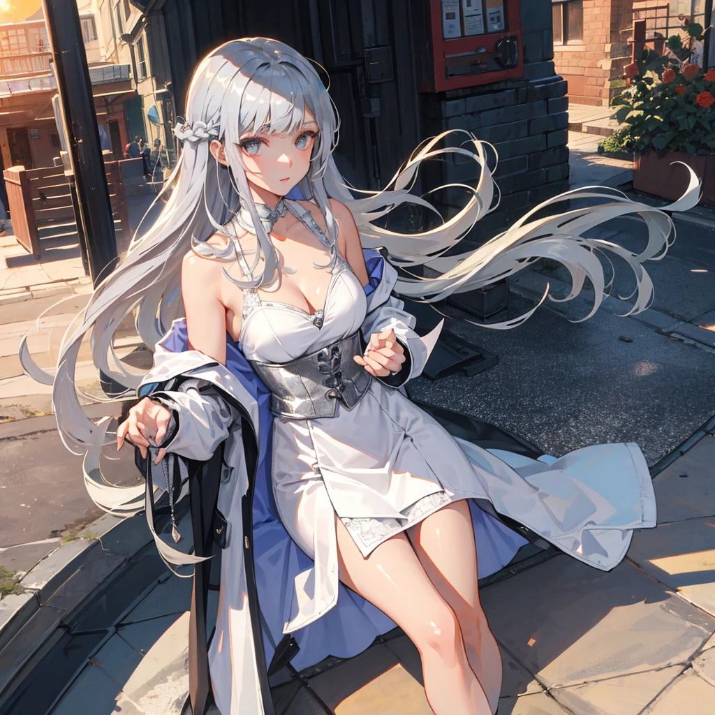 ((masterpiece, best quality)), (1girl), (solo), (female focus), (silver gray hair, long hair, straight hair, hime hair, straight bangs, blunt bangs), girl has deep silver-rose coloured eyes, ((leather silver top), (silver leather skirt), (ash-coulored trench coat)),ideal quality, ideal Breasts,
Cloudy sunset street background
Street has historical 18th century Europe architecture
(((High detailed )))