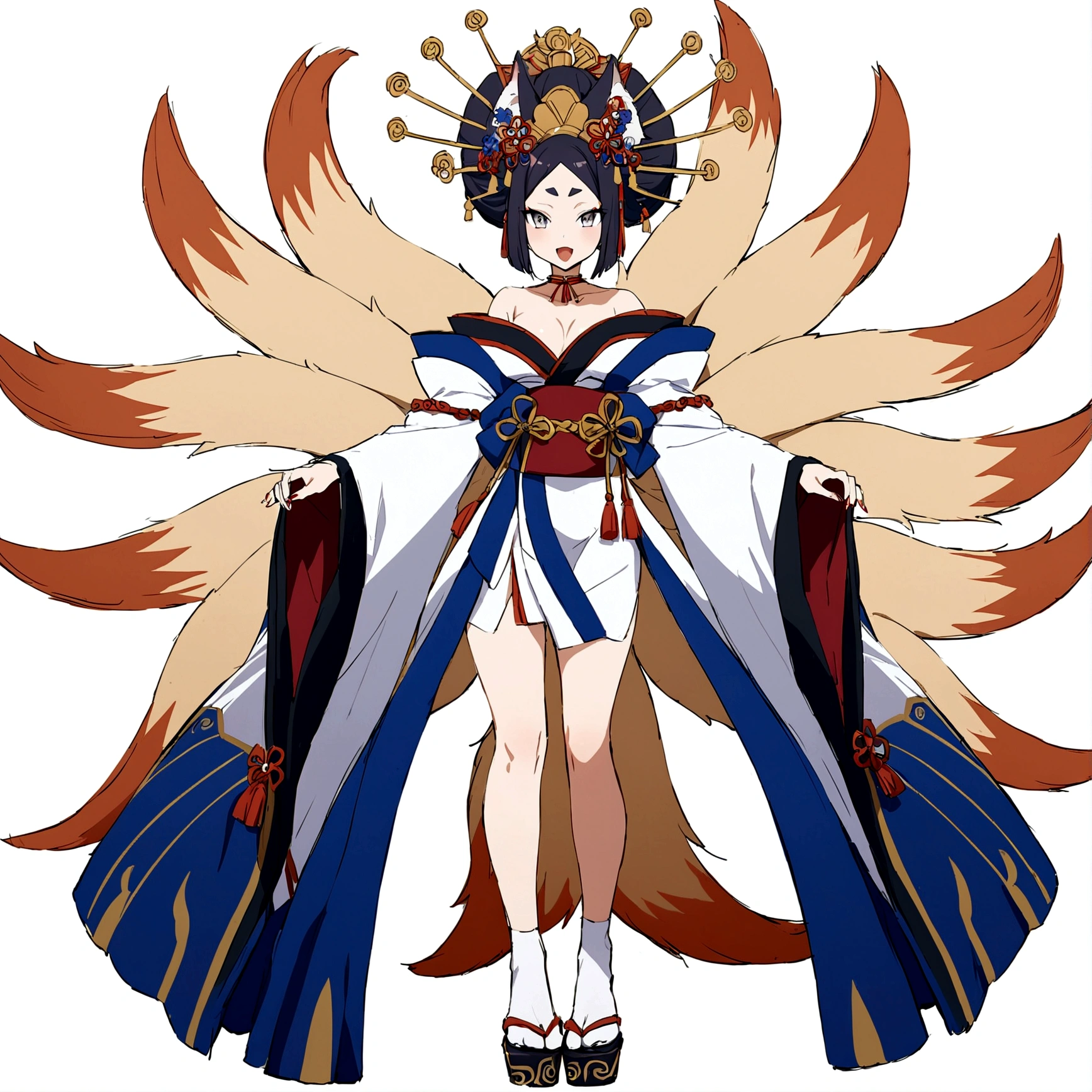 vtuber design, open mouth wide, image of a woman anime, image of a woman anime, virtual YouTuber, full body shot, standing, foot wear, high quality, masterpiece, flat, simple white background, white and blue kimono, gorgeous kimono, oiran, black long hair, fox ears, flat, silver eyes, mofumofu, fox tails, kyuubi no kitsune, nine tails