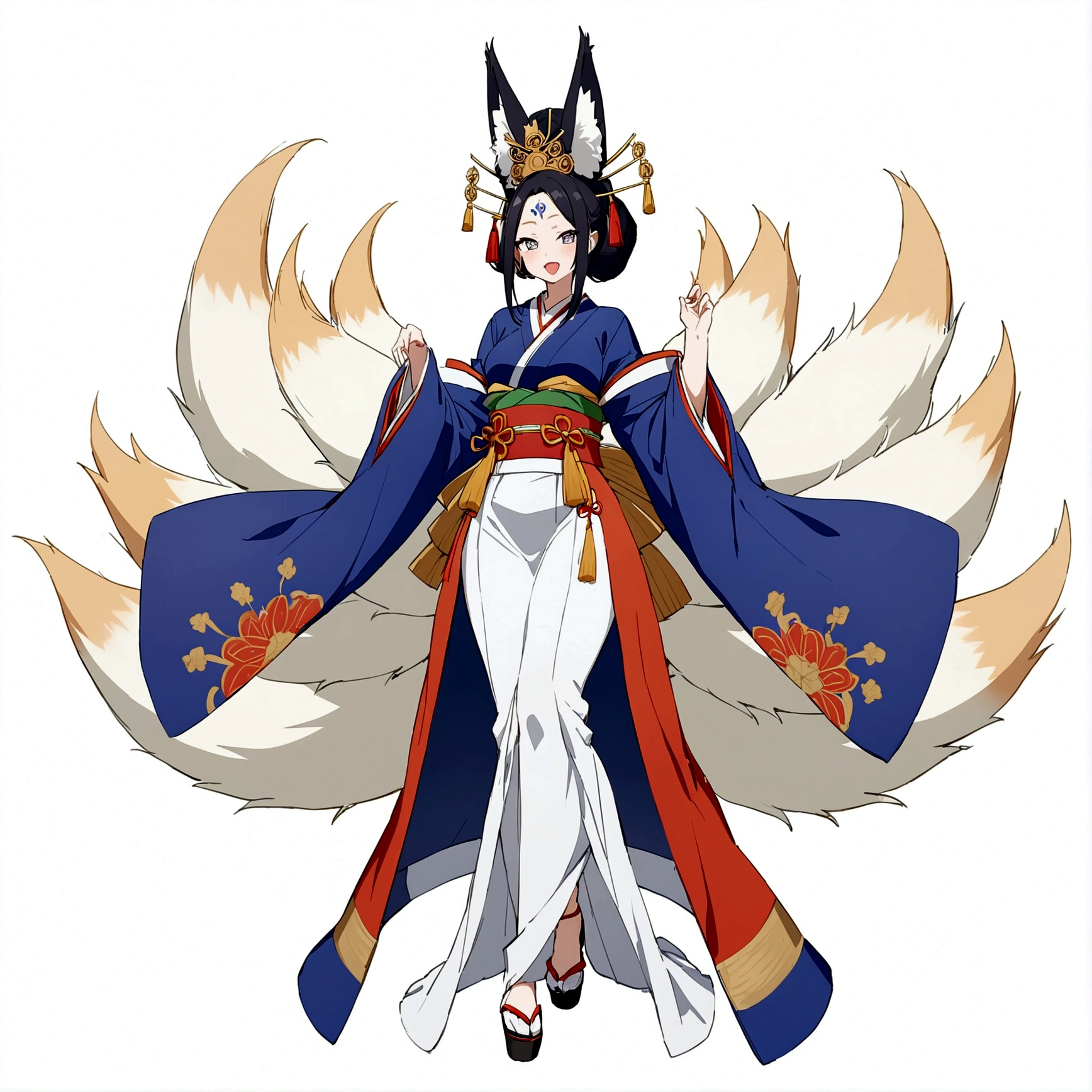 vtuber design, open mouth wide, image of a woman anime, image of a woman anime, virtual YouTuber, full body shot, standing, foot wear, high quality, masterpiece, flat, simple white background, white and blue kimono, gorgeous kimono, oiran, black long hair, fox ears, flat, silver eyes, mofumofu, fox tails, kyuubi no kitsune, nine tails