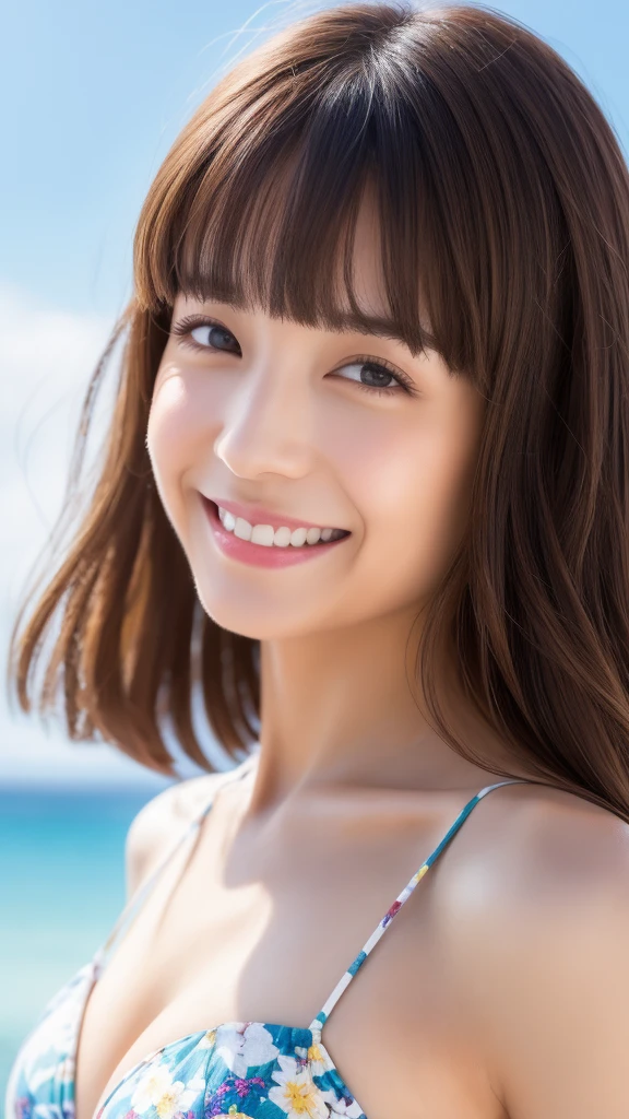 Real、Women's 1、side、clear、I have bangs.、Age 25、Mature、Medium Breast、sex appeal、Butt、((Highest quality, In 8K, masterpiece:1.3)), smile、Floral swimsuit、bikini、Beach、Ocean、Brown haired、(Blunt bangs:1.2)、、Maintain the original face proportions、Broad shoulders、Brown haired、Floating Hair、Lips、lipstick、誘惑的なsmile、Perm Hair、Floating Hair、Bright sunshine,Refreshing sky