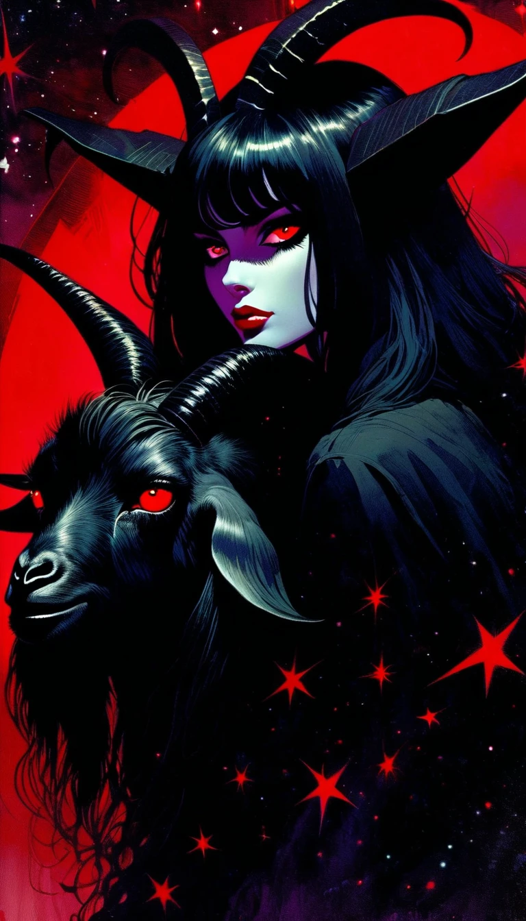 1black goat with red eyes and 1sinister and sexy black hair girl, dark mountain, sinister, stars, background, art inspired by Bill Sienkiewicz
