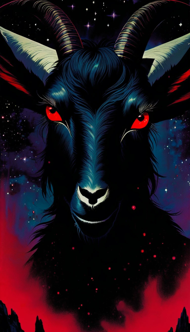 1black goat with red eyes and 1sinister and sexy black hair girl, dark mountain, sinister, stars, background, art inspired by Bill Sienkiewicz